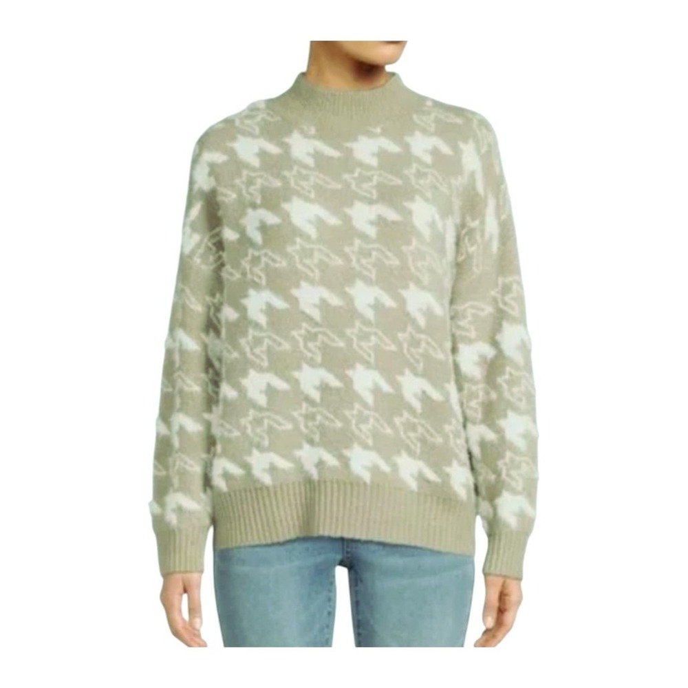 Dreamers by Debut Womens L New Houndstooth Pullover Sweater- Sage‎ Green White